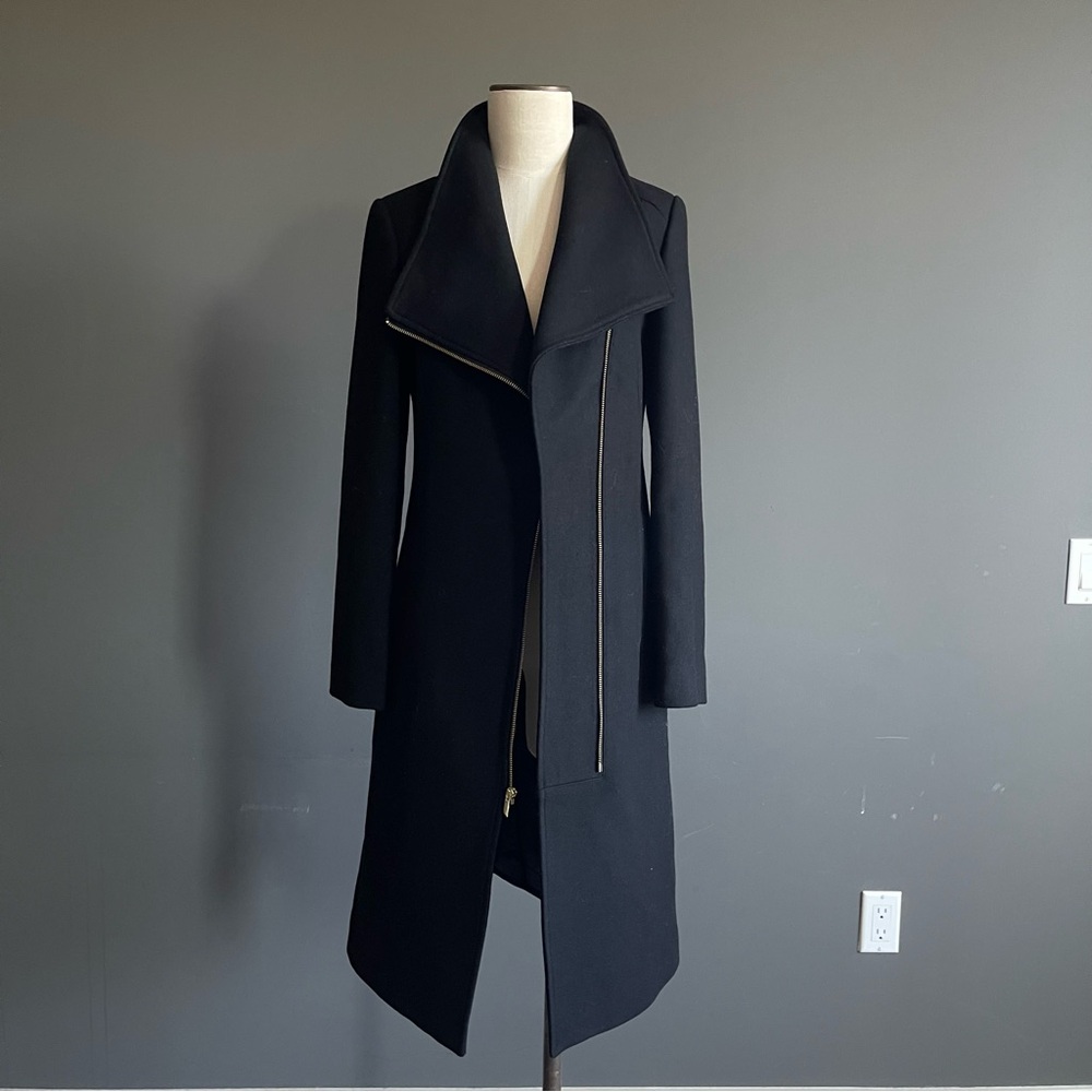 Cole Haan Wool Asymmetric Zip Coat | Minimalist Black Long Coat | Size 4 - Picture 3 of 12